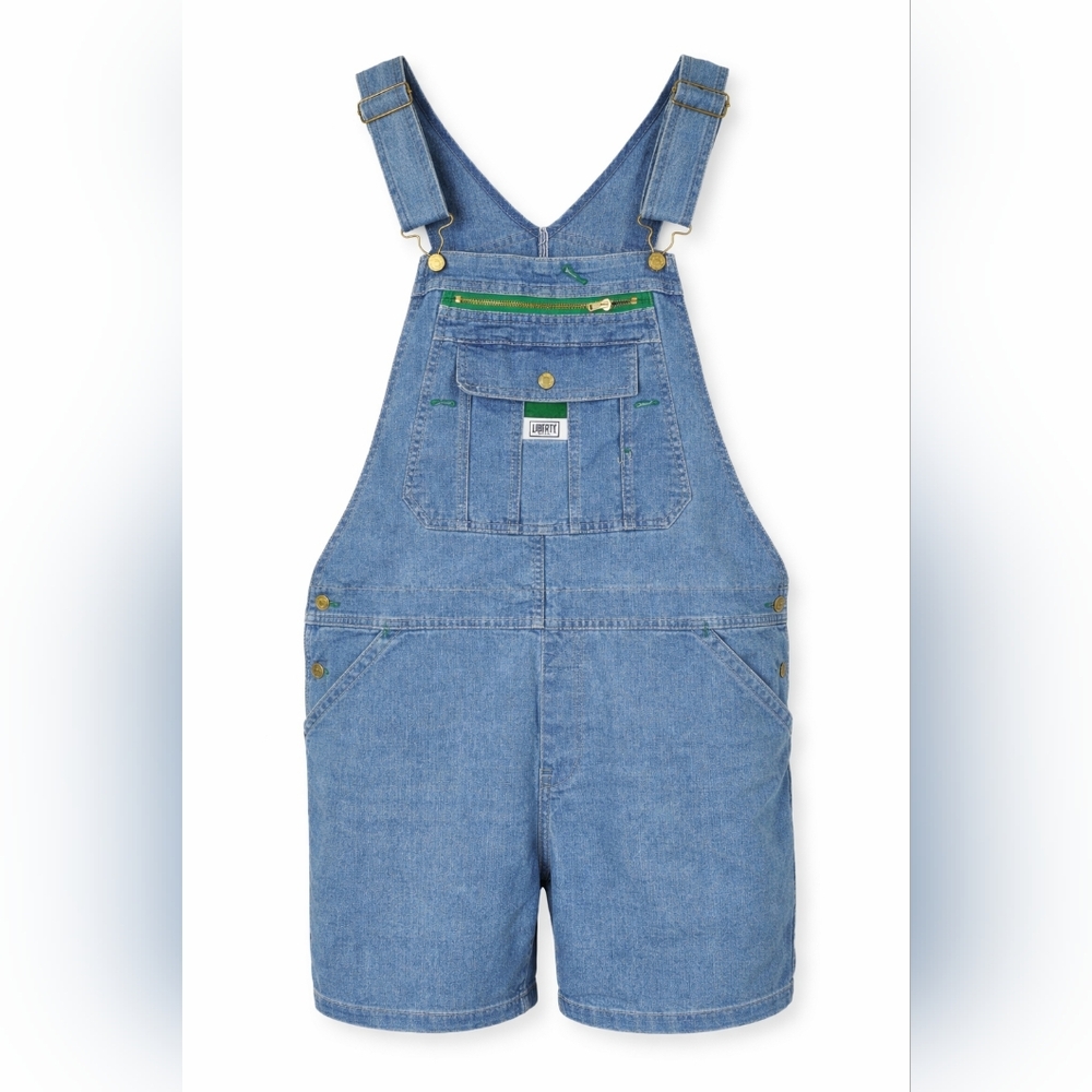 VINTAGE Liberty Blue Denim Short Y2K Overalls with Green Trim XL.